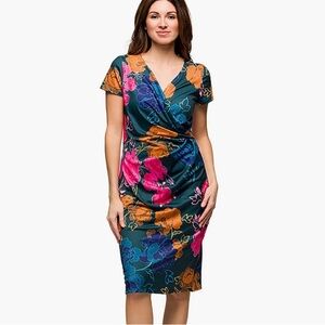 24Seven Blue Floral Knee Length Short Sleeve Faux Wrap Dress